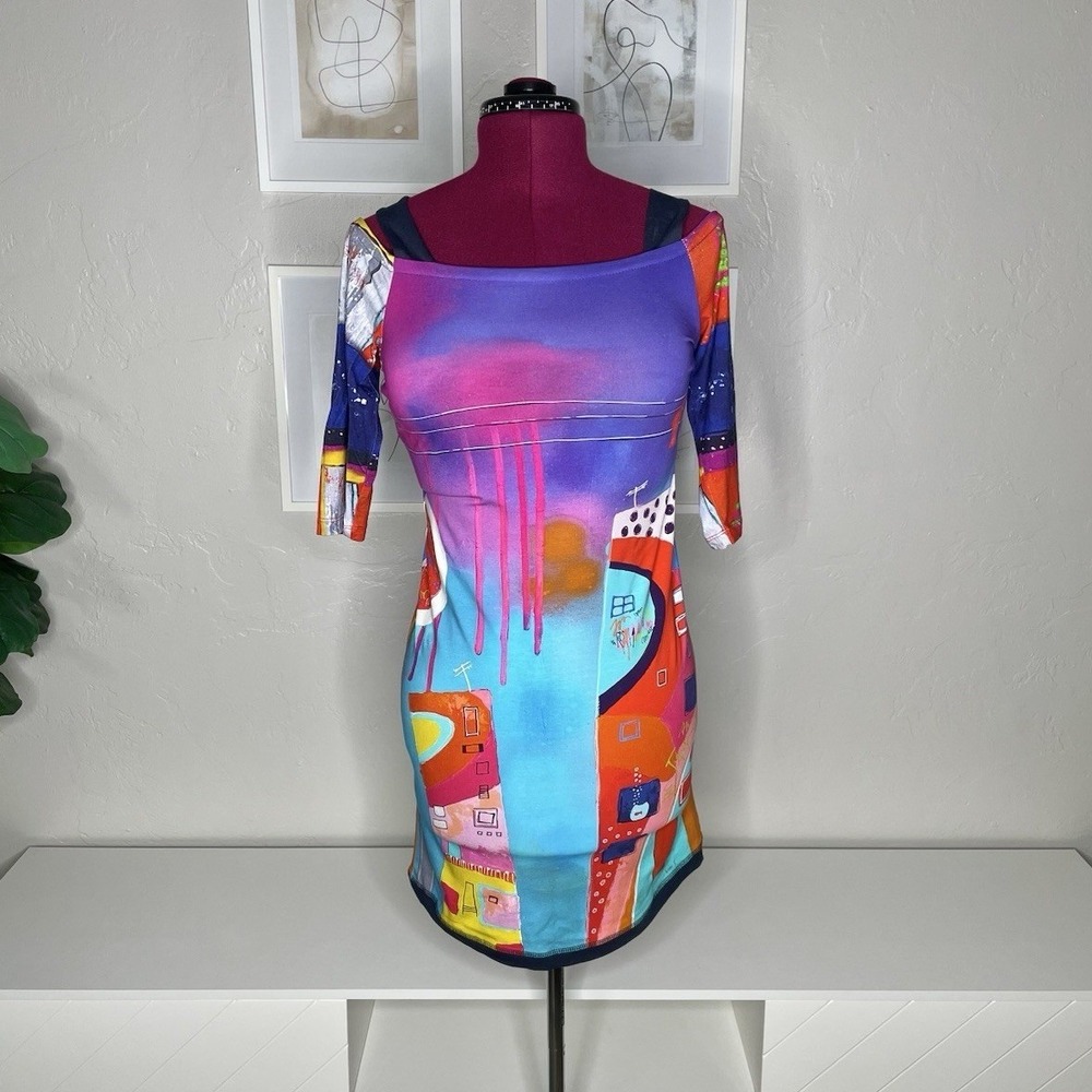 Simply Art by Dolcezza Dress Womens S Multi Color Abstract Cold Shoulder Graphic